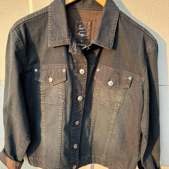 Chico's Denim Jacket Size 1 (8-10 Medium) Midnight Blue with Brown Rolled Cuffs - Picture 5 of 6
